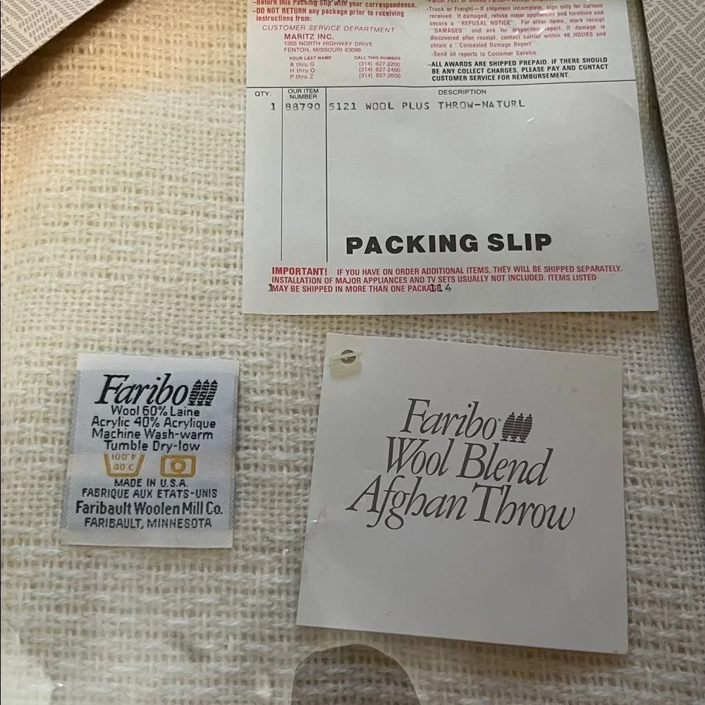 Faribo Wool Plus Thermal Cream Afghan Woven Tassel 50x60 Faribault USA NEW